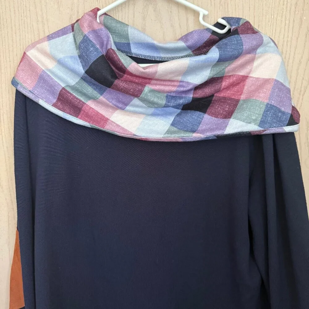 Cowl Neck LS Tunic Top XL Faux Suede Elbow Patches Plaid Cabincore Dark Academia